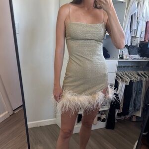 Elegant Gold Feather Trim Dress